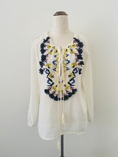 Antik Batik Dove Blouse Size 36 XS Cream Embroidered Tassels Long Sleeve Cotton