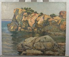 Post-Impressionist Signed Oil On Canvas: Seascape Rocky Coast Ocean