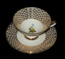 Winterling Bavaria Roslau Gold basket weave Teacup & Saucer Blue Yellow Flowers