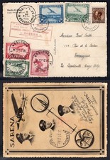 BELGIUM 1935 First Flight Postcard to Congo. Airmail Stamps. Sabena Pilots
