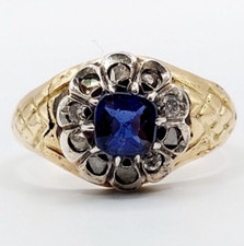 Bague antique or 18k pierre bleu entourée diamant taille roses (circa 1920)