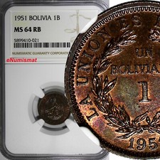 BOLIVIA Bronze 1951 1 Boliviano NGC MS64 RB 1 YEAR TYPE KM# 184 (021)