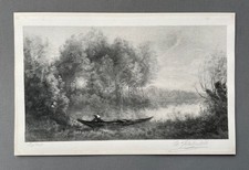 Personnage dans une barque, estampe d'après Corot, signature à identifier