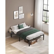 Sommier Lit 140x190 VASAGLE Cadre Métal avec Étagères Rangement Lit Double Noir