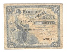 Belgique , Congo Belge, 5 Francs , 1944 , TB/VF  à saisir