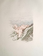 Félicien ROPS, sirène à l'affût, estampe érotique, gravure originale XIXe