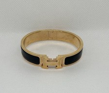 Hermes Clic-Clac 12mm Gold-Tone Black Enamel Bangle 6.5”