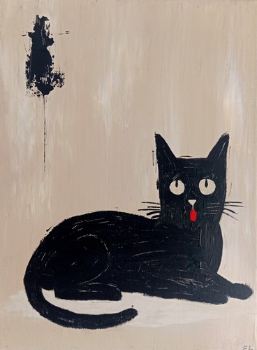 Tableau chat noir acrylique - noir,