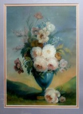 Pastel Ancien Bouquet Fleurs Still Life roses trace signature