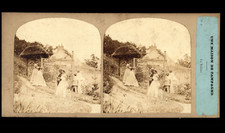 Men and women near&#039;an aviary, ca.1870, stereo print from&#039;era