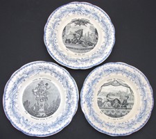 Antique Creil Faience 3pc Cabinet Plate Set, "Theatre Des Marionnettes"