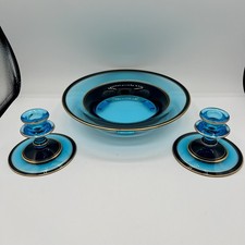 Vintage Art Deco Electric Blue Fostoria Console Set Footed Bowl Two Candlesticks