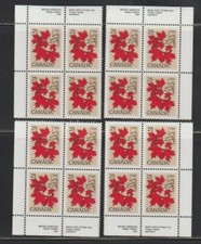 Canada 719 Ensemble de 4 blocs de 4 timbres avec inscription Érable
