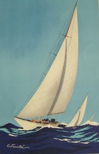 Georges Fouille signed coloured pochoir lithograph engraving; ‘Voiliers Regatta’