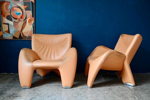 Paire fauteuils cuir orange - de,
