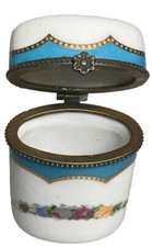 Antique Porcelain Flower Crown Pill Box Closed by Brass Flower