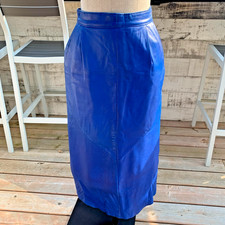 Vintage Leather Straight Pencil Maxi Long Skirt 7/8 S Blue Pockets Pleats 90s