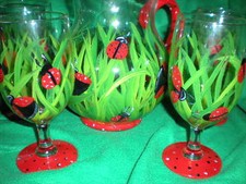 HAND PAINTED GRASS AND LADY BUGS PITCHER AND 4 ICE TEA  GLASSES SET