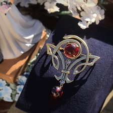 Collier Pendentif Broche Doré CZ Rouge Perle Art Nouveau Style SB38