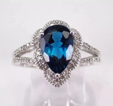Bague de fiançailles diamant topaze bleue taille poire 2,85 ct or blanc massi...