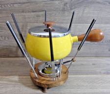 Vintage 1970's  Enameled Yellow Fondue Set With Stand Burner and Forks