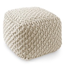 OPEN BOX - Square Cotton Pouf Ottoman, Natural - 18.5 x 18.5 x 14.5 Knit Foot