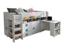 Mezzanine de Lit Toledo 90x200cm Bureau Blanc Haute Brillance Poignées Turquoise