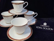 (SET OF 4) Royal Doulton TENNYSON H5249 Maroon Gold Tea Cups & Saucers EXCELLENT