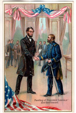 ANTIQUE PATRIOTIC Postcard      "MEETING OF PRESIDENT LINCOLN & GENERAL GRANT"