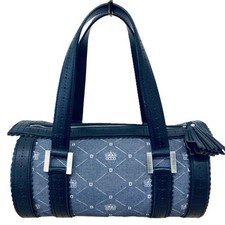 DELVAUX Mini Boston Bag Navy Blue Leather Canvas Shoulder Bag 2-Way Handbag JP