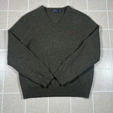Polo Ralph Lauren 100% Wool V Neck Pull Over Sweater Olive Green Men's L