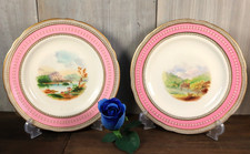 Ancien Paire Assiette Vieux Porcelaine de Paris Empire Émaillé Rose Paysage XIXe