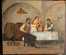 Signed B. Lourin Early 20th Century Painting - Tavern Scene - Oil on Wood Restored.