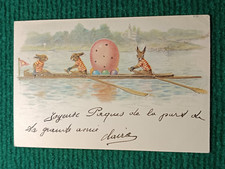 Old postcard - illustration - Signed Claire - Rabbits on a Boat Happy Easter