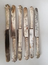 SIX COUTEAUX LAMES ACIER / MANCHE ARGENT FOURRE / SANGLIER / STYLE NAPOLEON III