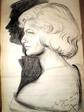CHARCOAL PORTRAIT WOMAN DRAWING by MARC at the Restaurant A la TABLE du ROY Paris 1966