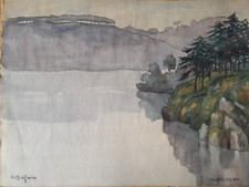 Peinture ancienne signee Lac de Guerlédan Mur de Bretagne impressionniste