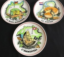 3 assiettes à fromage Gien décor fromages d'europe, en TBE