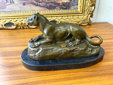 Lion Leaning Bronze Sculpture on Black Marble after Barye
