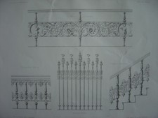 Lithographie Garde-fous de balcon terrasse grille rampe fer forgé Geländer c1860
