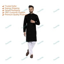 Indien Traditionnel Hommes Vêtement Coton Kurta Couleur Noir Designer