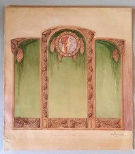 Beautiful gouache drawing carved wood screen signed C. Rousseau c. 1920-1930