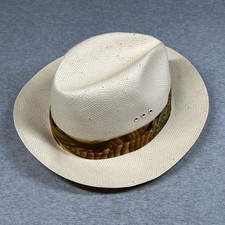 Vintage Handmade Panama Straw Fedora Ivory Hat Size Med Feather Print Band USA