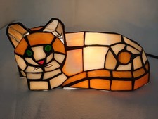 LAMPE VEILLEUSE CHAT STYLE TIFFANY VITRAIL ET ETAIN