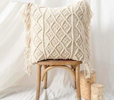 Housse de coussin macramé coton boho fait main tricot étui, blanc cassé, 16 x...