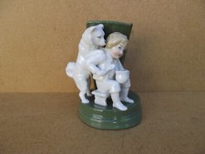 old German porcelain pyrogen Saxony? boy with bowl dog hood
