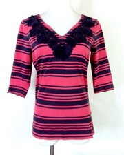 euc Tommy Hilfiger Coral Navy Striped V-Neck Top Shirt 1/2 sleeve sz S