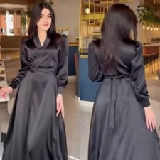 Autumn Women V-Neck Dress Belted High Waist Gown Muslim Dubai Slim Abaya Kaftan