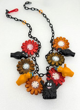 Vintage style hand painted wooden flowers and Barbapapa figurines necklace