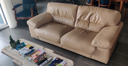 Canapé places cuir beige - 3,
